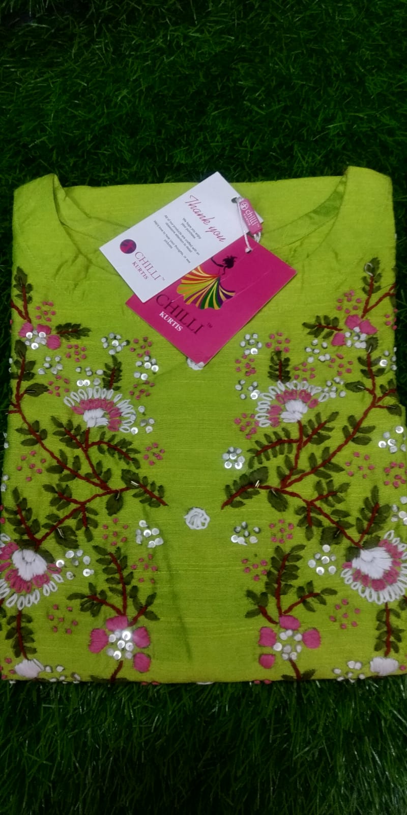 Designer Boutique Raw Silk Kurti – Lemon Green Hand Work with Sequins