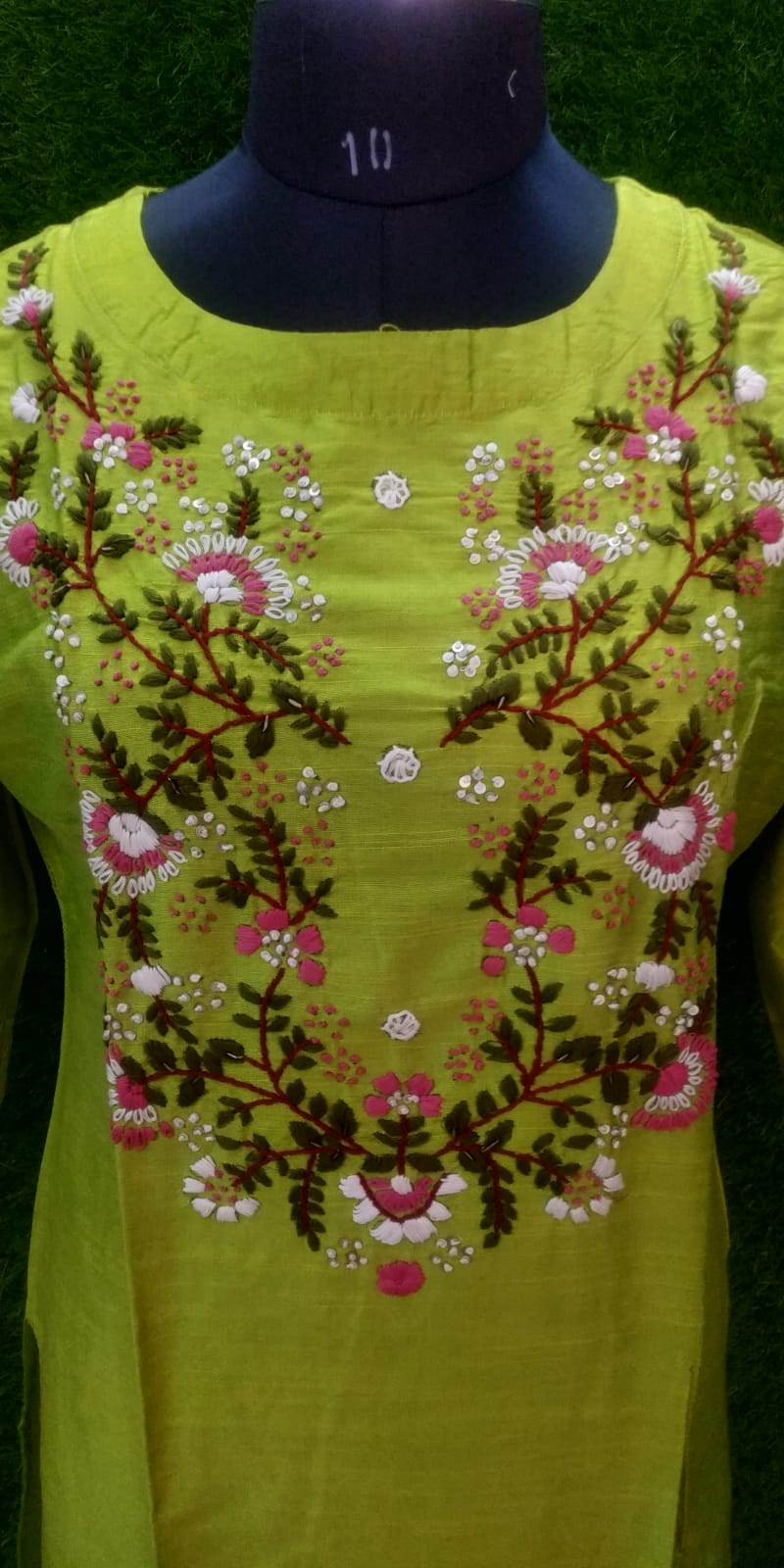 Designer Boutique Raw Silk Kurti – Lemon Green Hand Work with Sequins