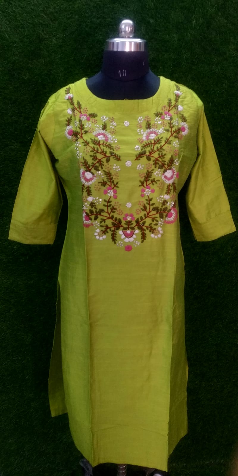 Designer Boutique Raw Silk Kurti – Lemon Green Hand Work with Sequins