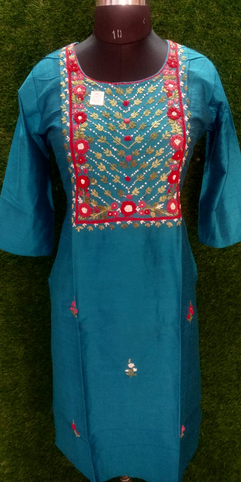 Designer Boutique Raw Silk Kurti – Blue with Exclusive Hand Work
