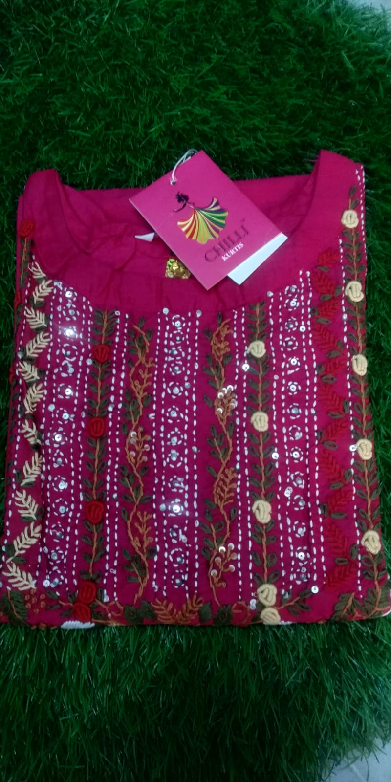 Boutique Raw Silk Side-Cut Kurti – Rani Pink with Heavy Hand Work