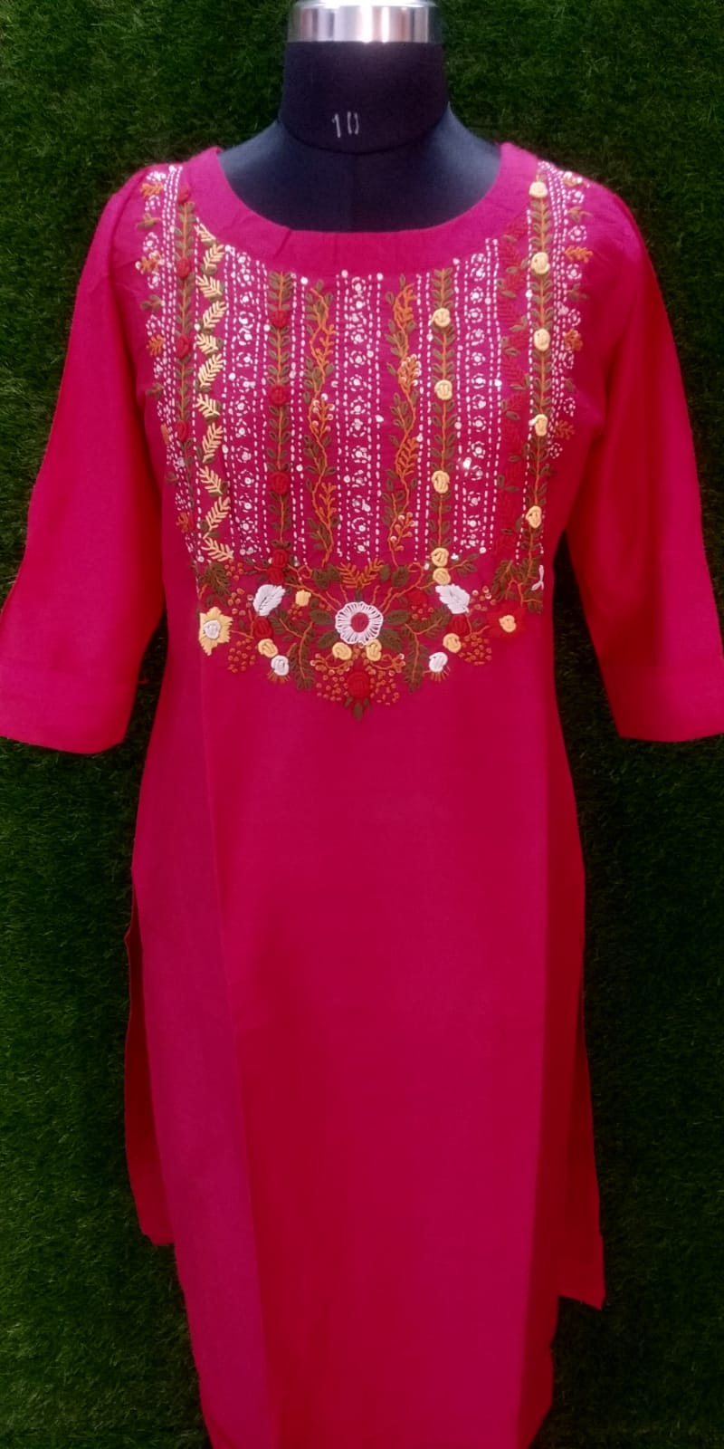 Boutique Raw Silk Side-Cut Kurti – Rani Pink with Heavy Hand Work