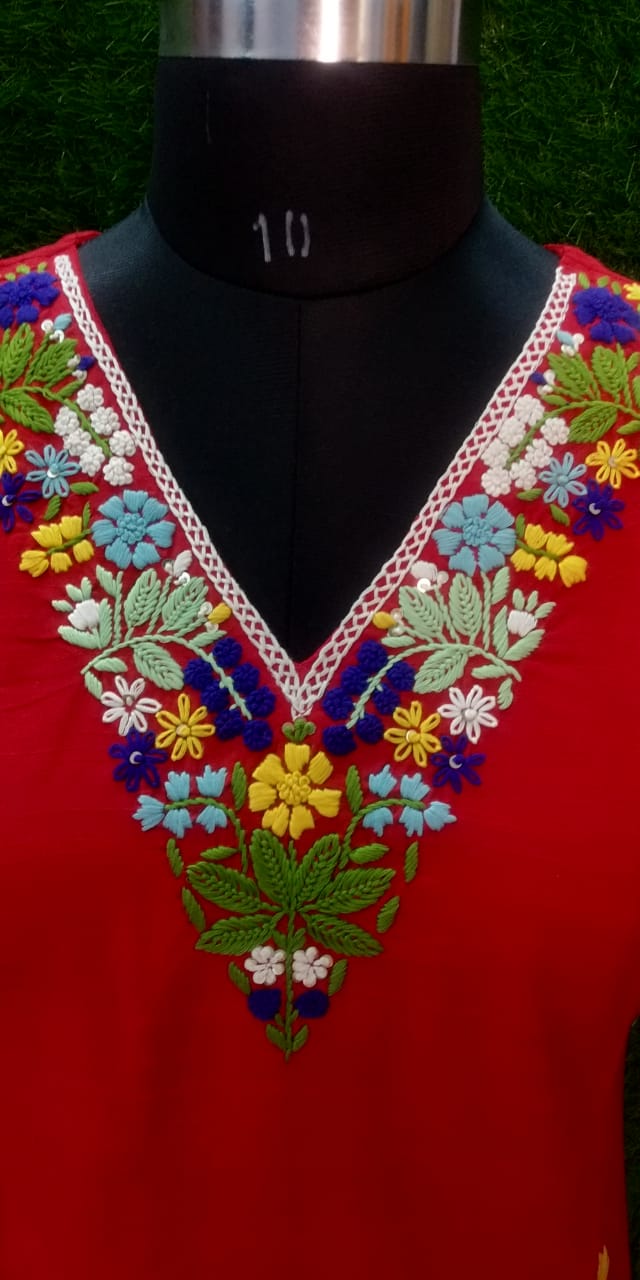 Designer Raw Silk Side-Cut Kurti – Red & Black with Hand Work