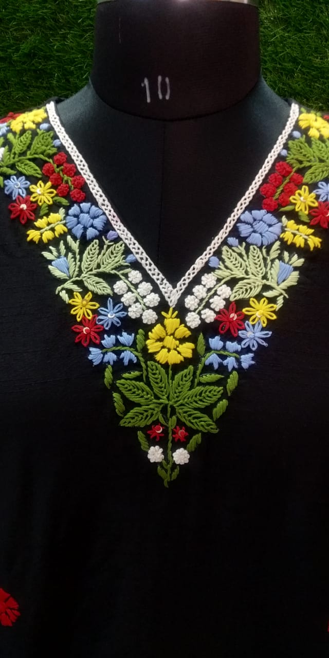 Designer Raw Silk Side-Cut Kurti – Red & Black with Hand Work