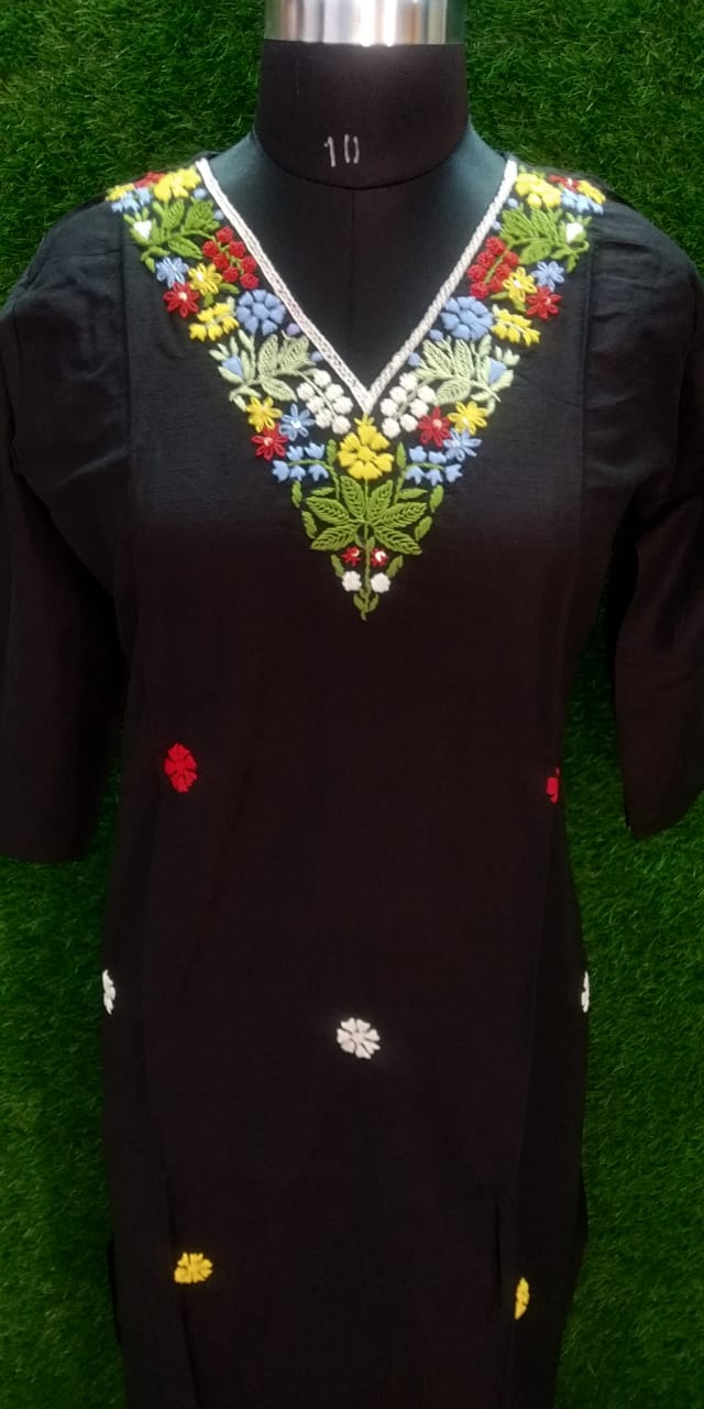 Designer Raw Silk Side-Cut Kurti – Red & Black with Hand Work