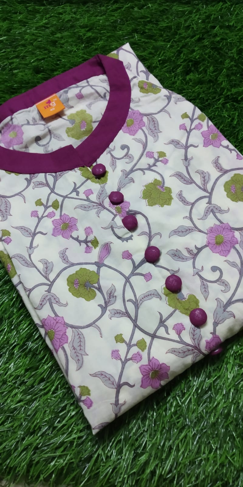 Pure Cotton A-Line Kurti – White Printed Halter Neck with Buttons & Side Pockets