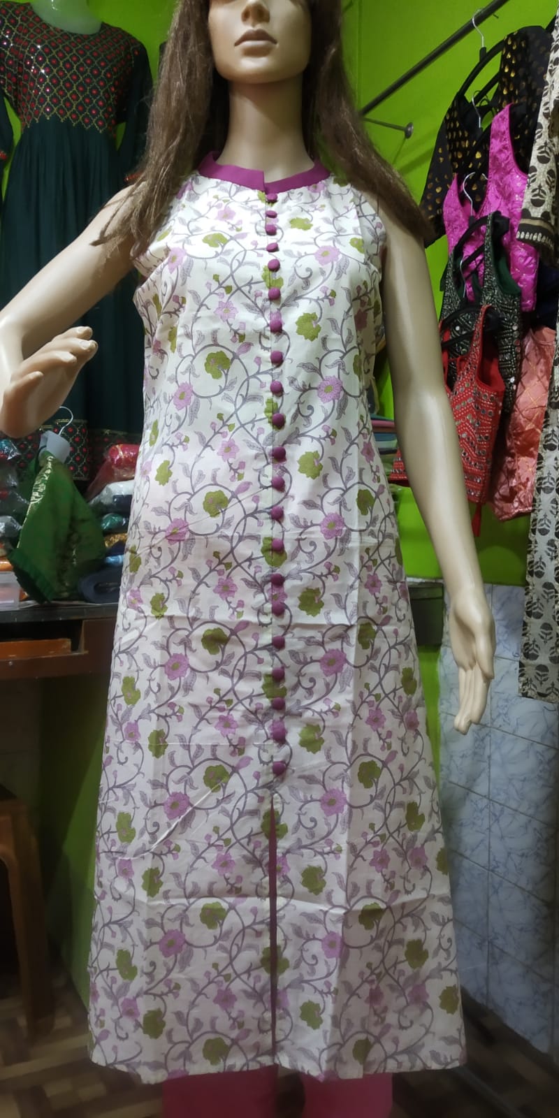 Pure Cotton A-Line Kurti – White Printed Halter Neck with Buttons & Side Pockets