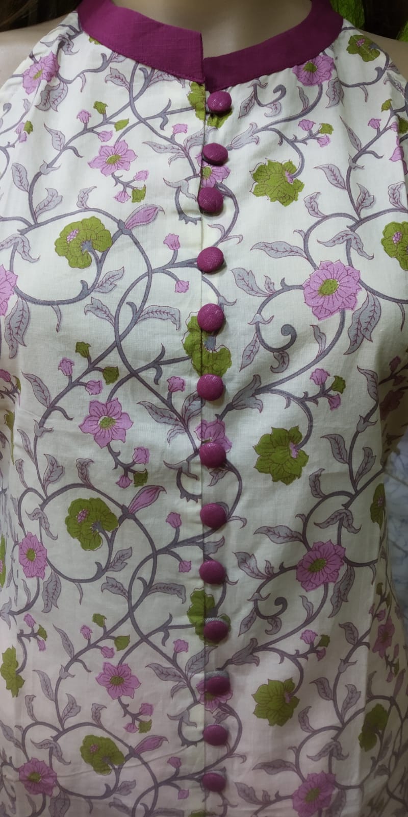 Pure Cotton A-Line Kurti – White Printed Halter Neck with Buttons & Side Pockets