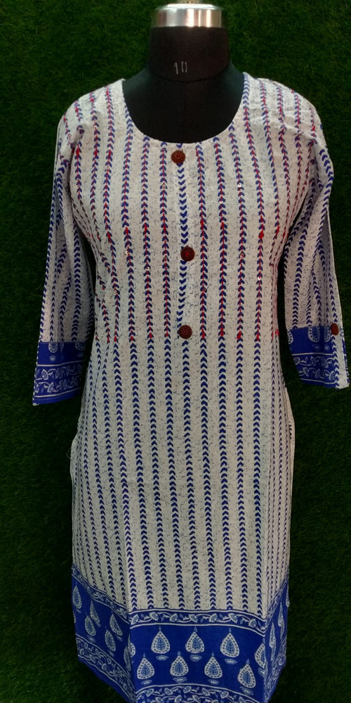 Boutique Cotton Straight-Cut Kurti – Royal Blue & White with Hand Work