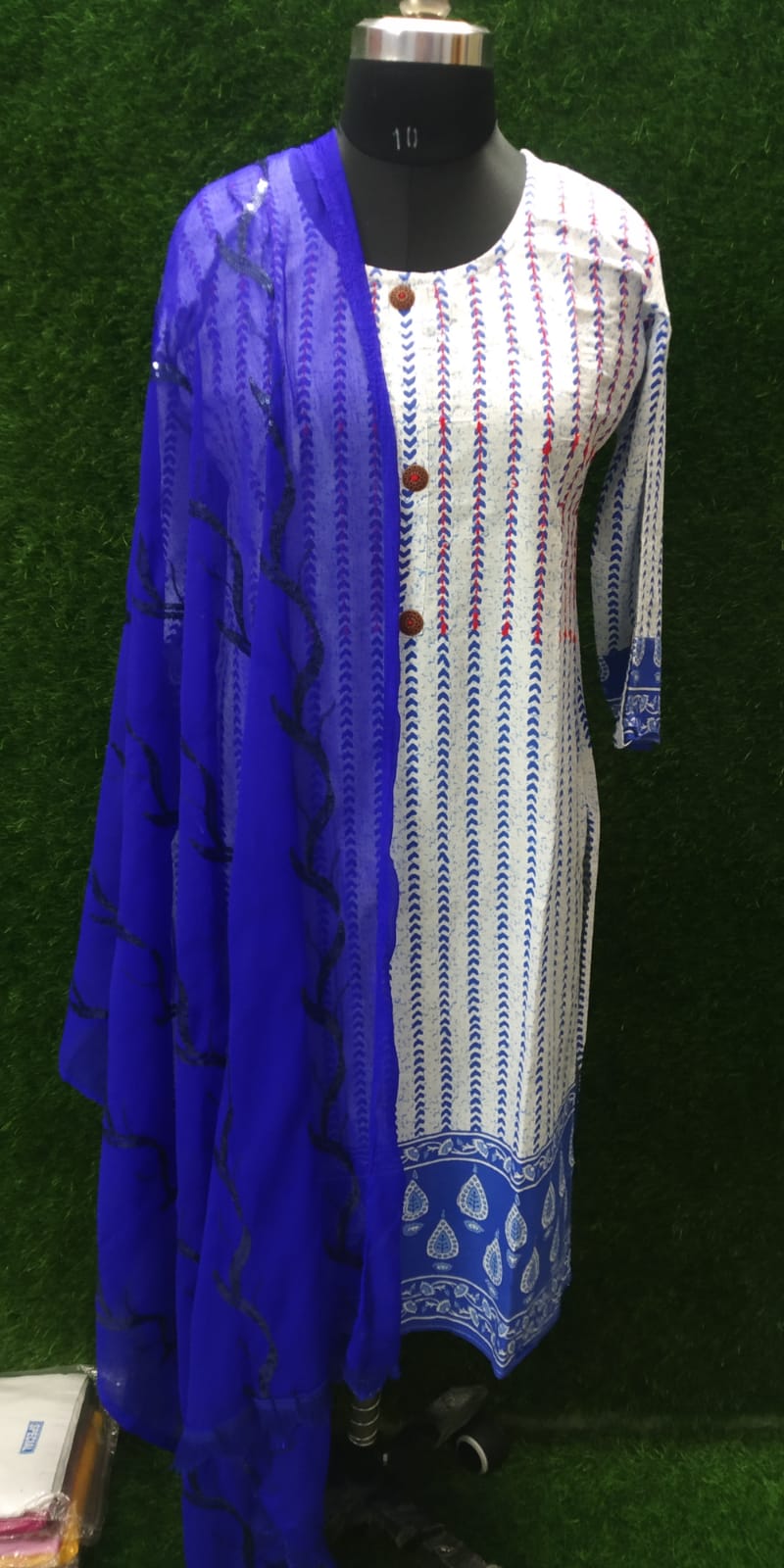 Boutique Cotton Straight-Cut Kurti – Royal Blue & White with Hand Work