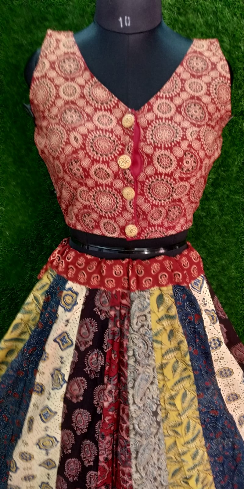 Ajrakh Patchwork Skirt with Padded Ajrakh Blouse