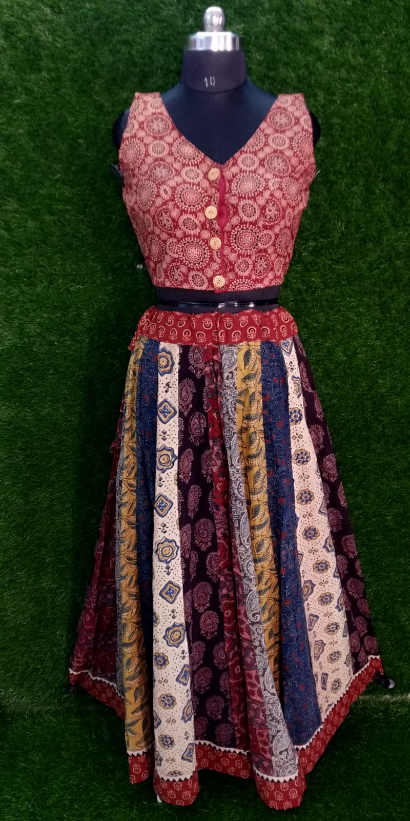 Ajrakh Patchwork Skirt with Padded Ajrakh Blouse