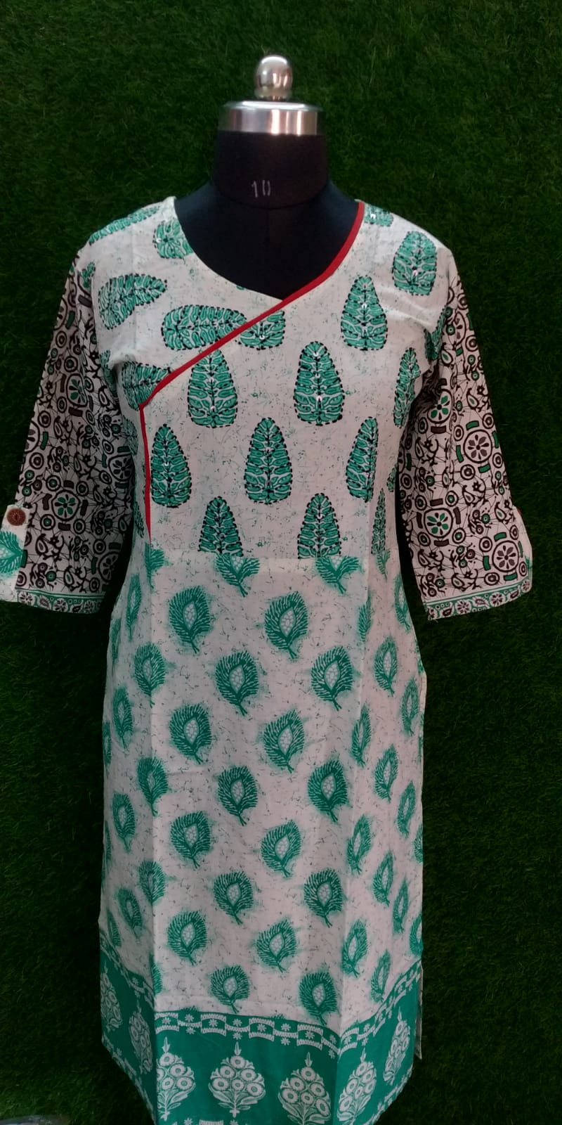 Boutique Cotton Straight-Cut Kurti – Sea Green on White with Angrakha Neck & Hand Work