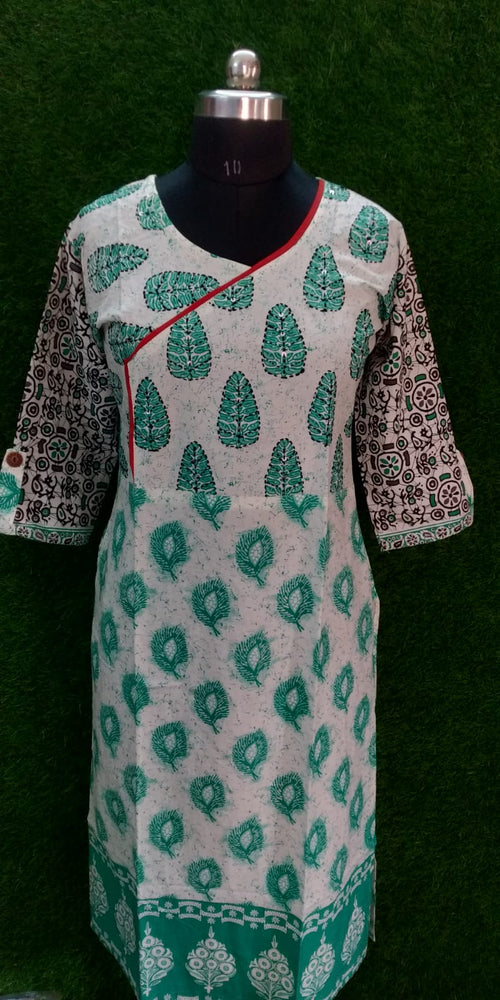 Boutique Cotton Straight-Cut Kurti – Sea Green on White with Angrakha Neck & Hand Work
