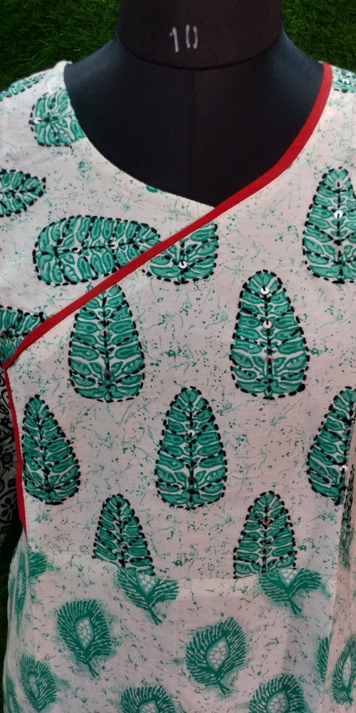 Boutique Cotton Straight-Cut Kurti – Sea Green on White with Angrakha Neck & Hand Work