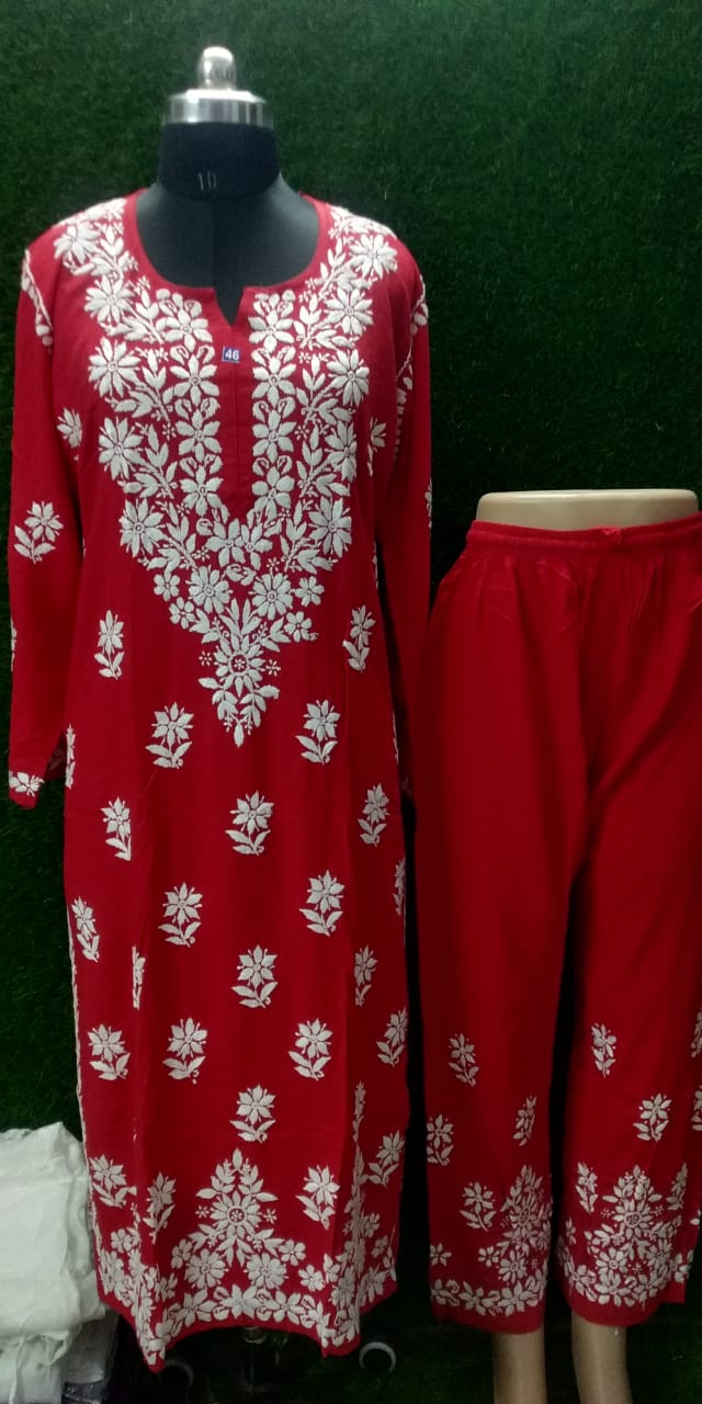 Modal Chikan Kurti Full Set – Elegant Hand Work Front with Matching Upper & Bottom