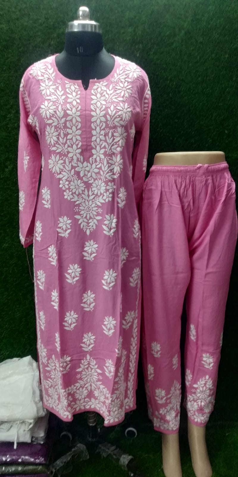 Modal Chikan Kurti Full Set – Elegant Hand Work Front with Matching Upper & Bottom